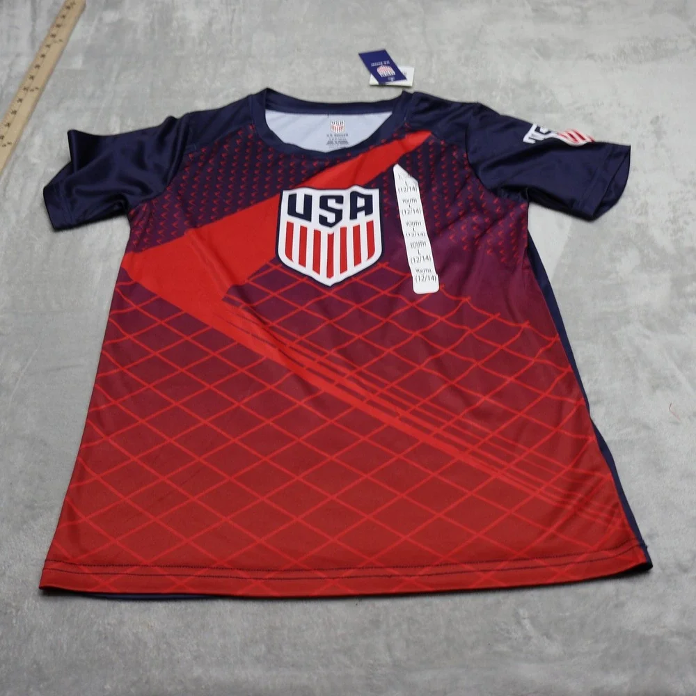 US Soccer Shirt Youth Large 12/14 Blue USA Team Football Jersey Athletic $20 NEW